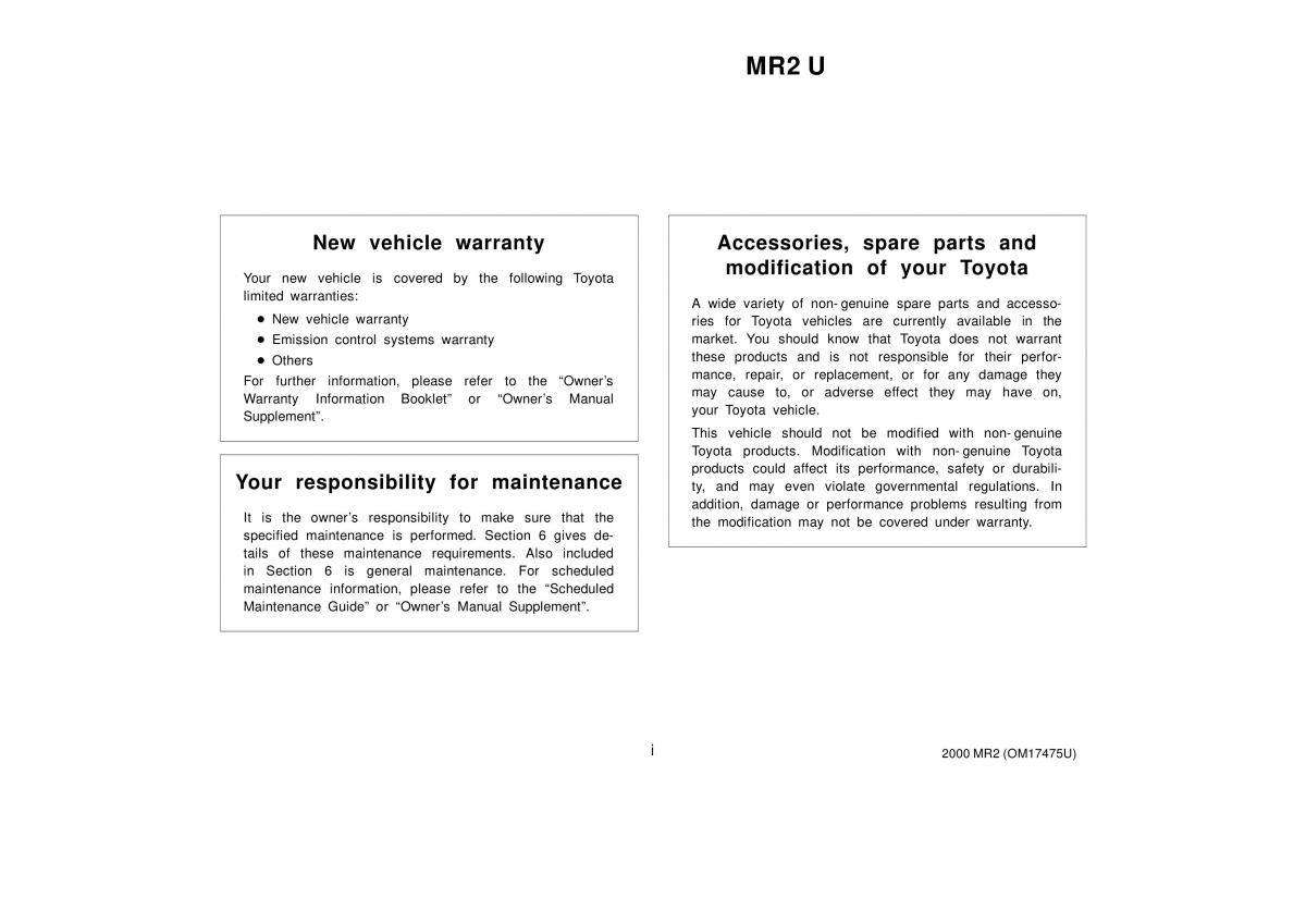 Toyota MR2 Spyder MR S roadster owners manual / page 2