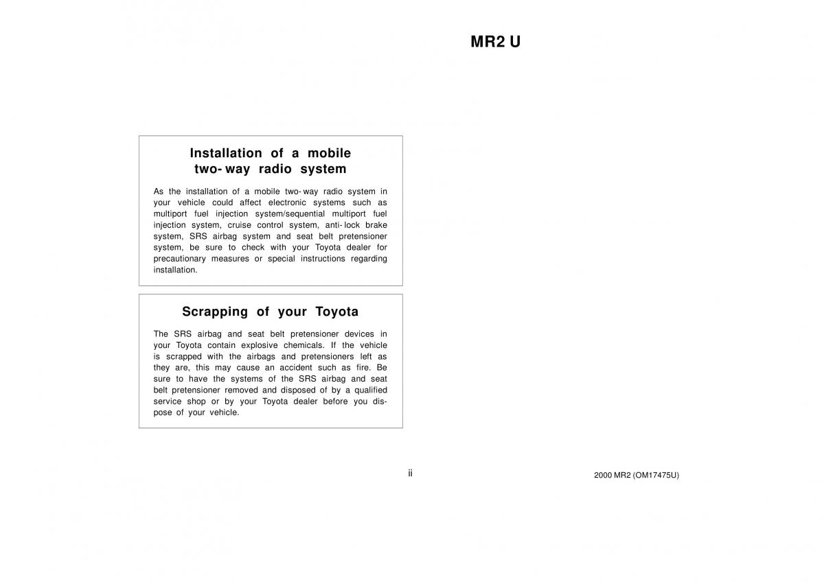 Toyota MR2 Spyder MR S roadster owners manual / page 3