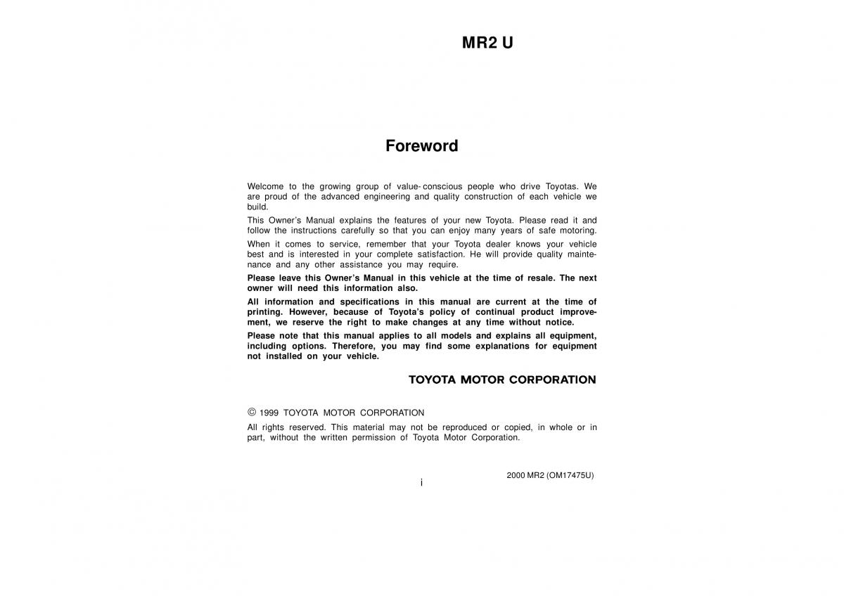 Toyota MR2 Spyder MR S roadster owners manual / page 1