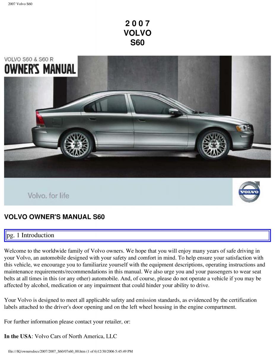 Volvo S60 owners manual / page 1