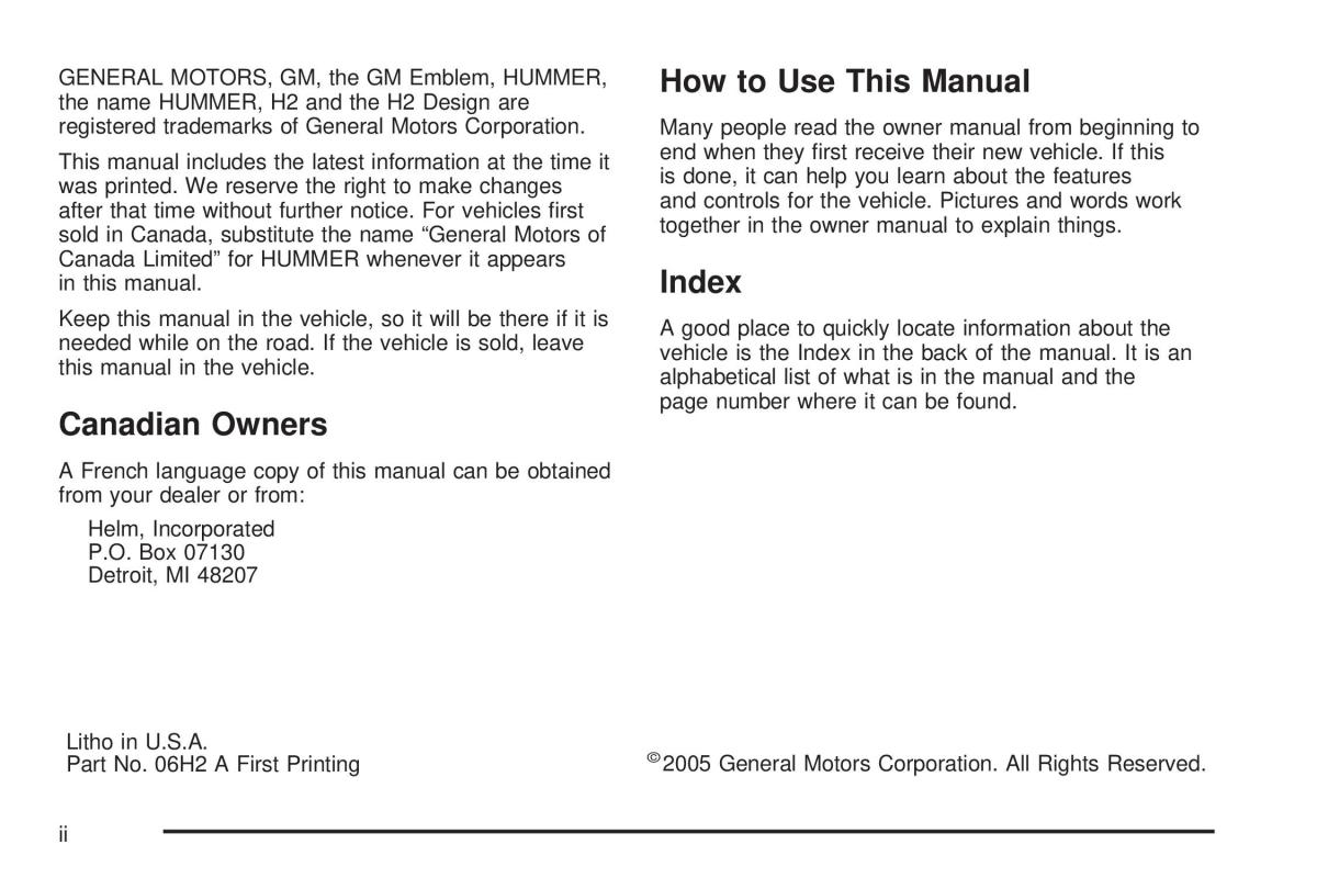 Hummer H2 owners manual / page 2