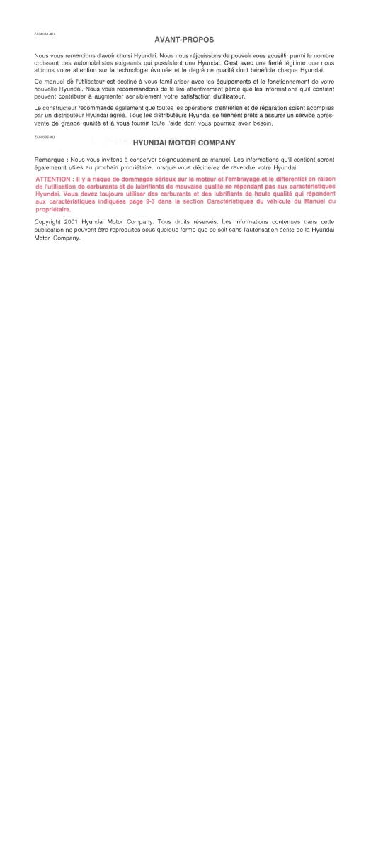 manuel du proprietaire Hyundai Santa Fe I 1 manuel du proprietaire / page 4