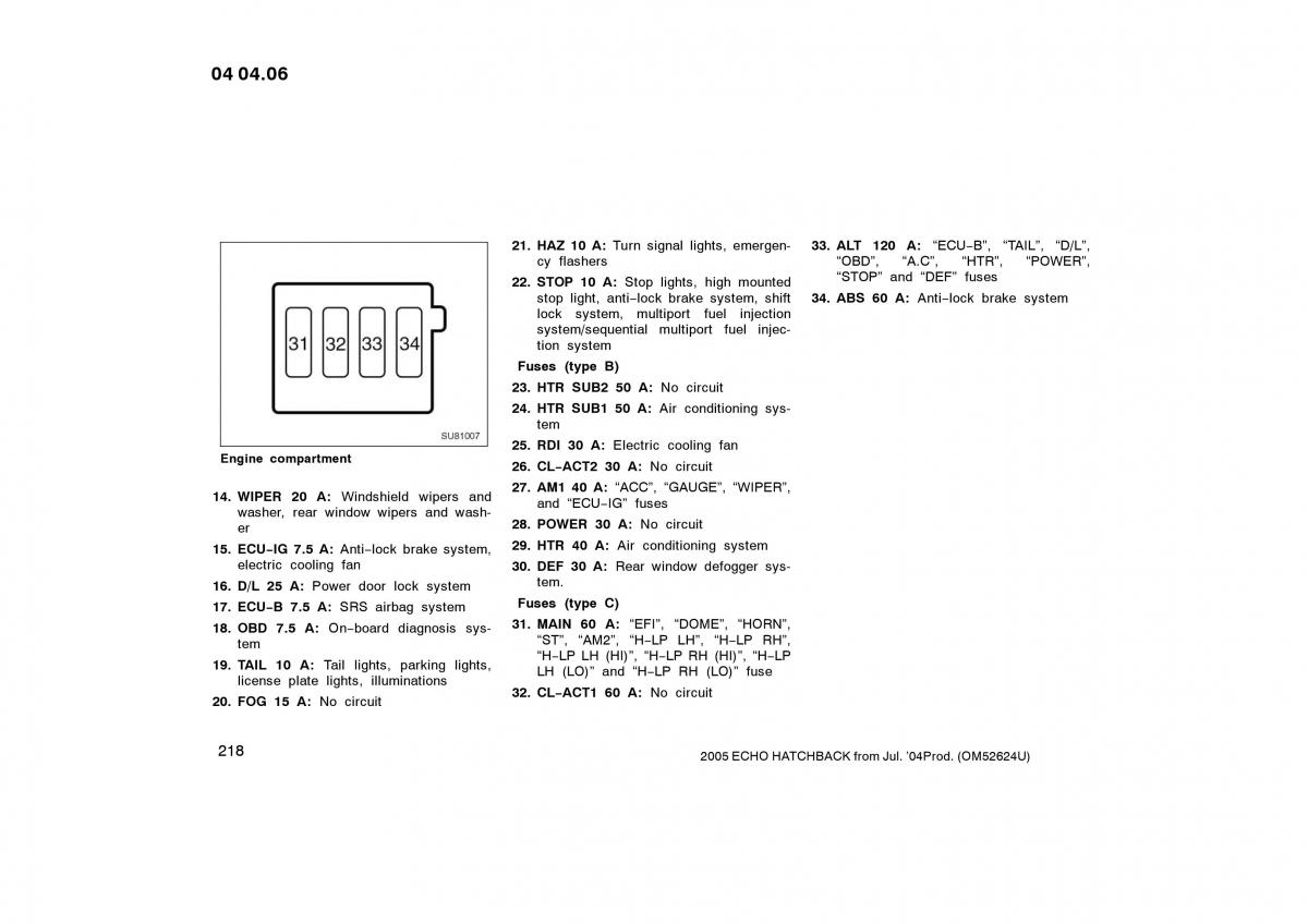 Toyota Yaris I owners manual / page 217