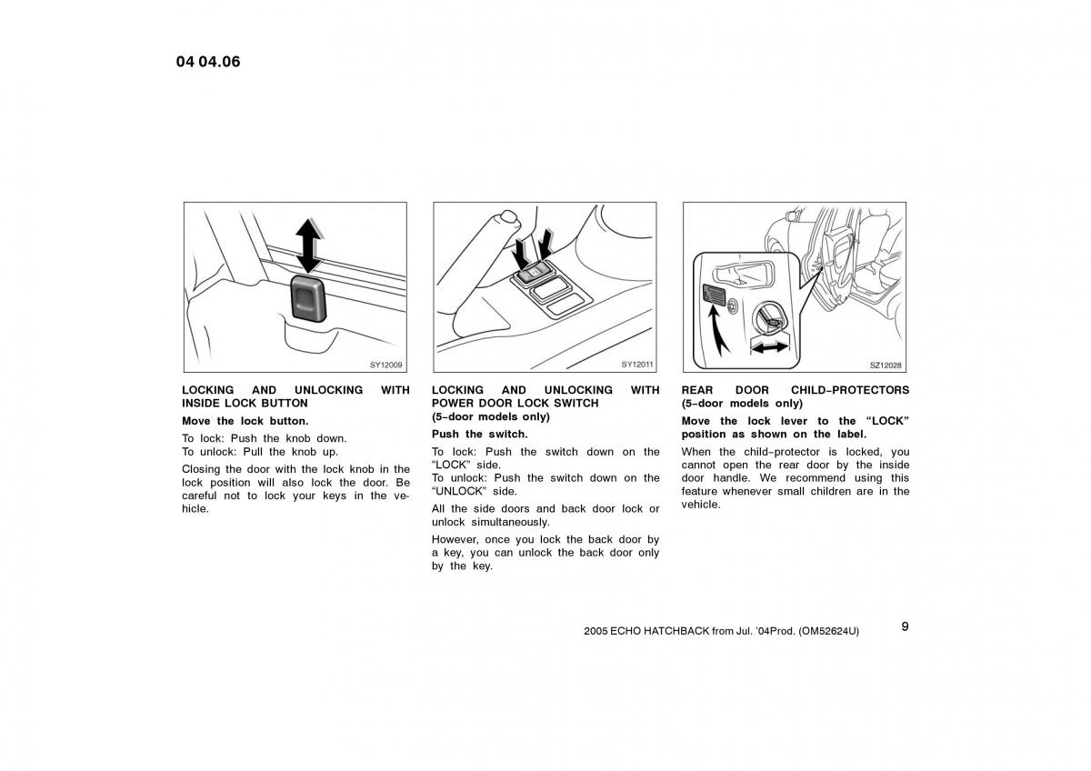Toyota Yaris I owners manual / page 9