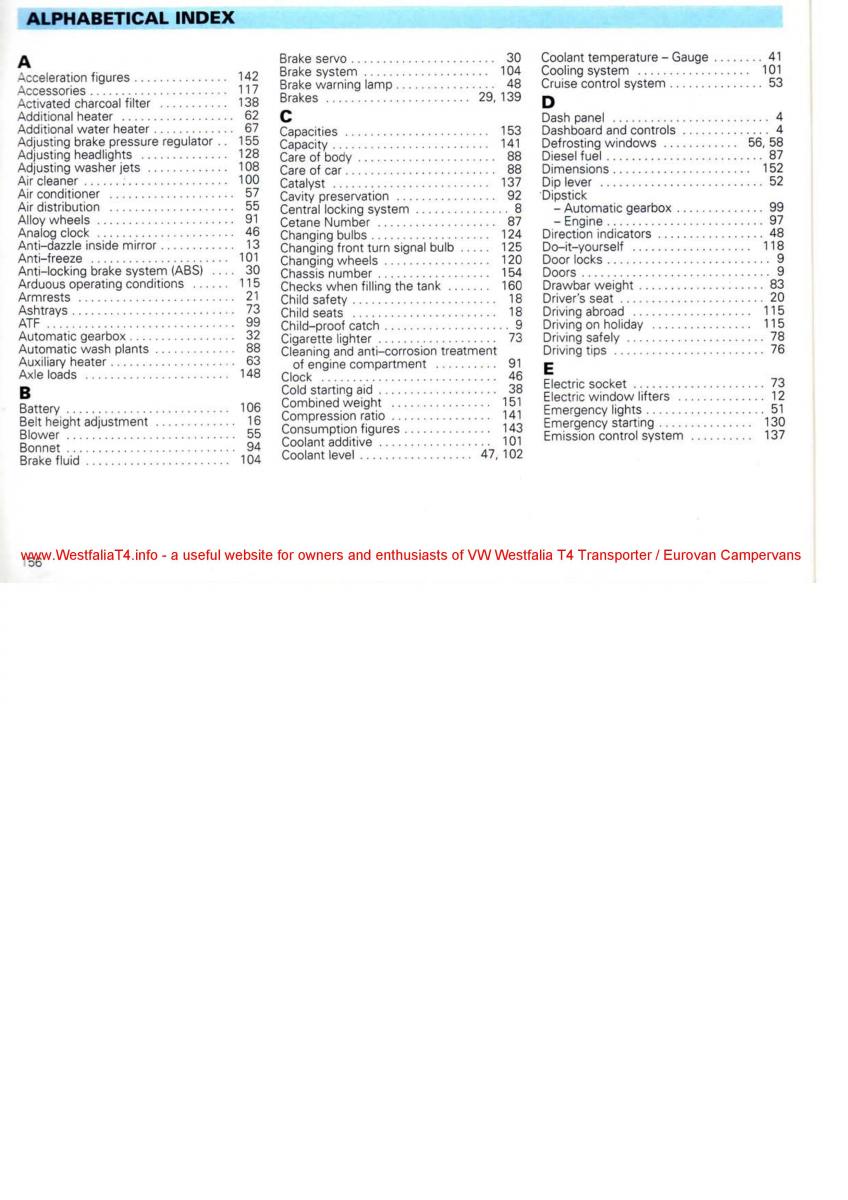 VW Transporter T4 Westfalia oweners manual / page 158