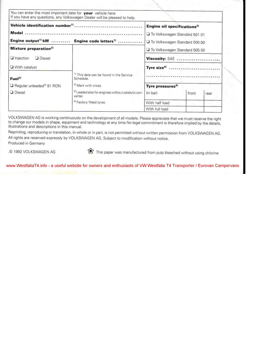 manual  VW Transporter T4 Westfalia oweners manual / page 163