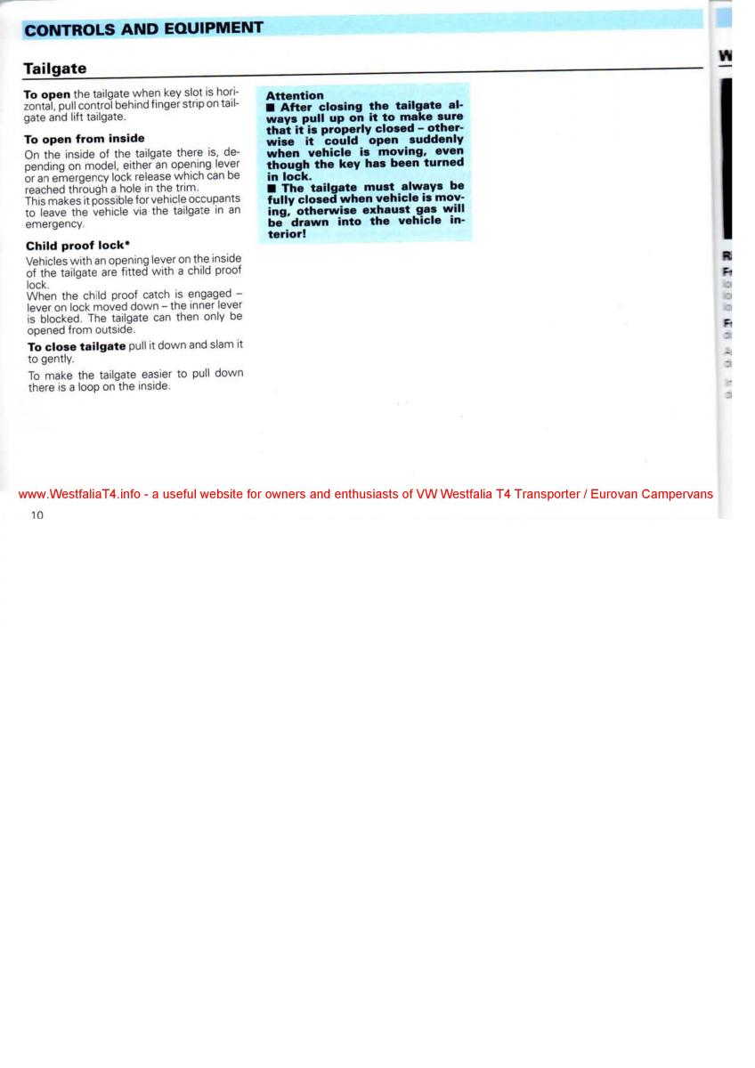 VW Transporter T4 Westfalia oweners manual / page 12