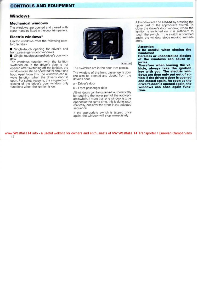 VW Transporter T4 Westfalia oweners manual / page 14
