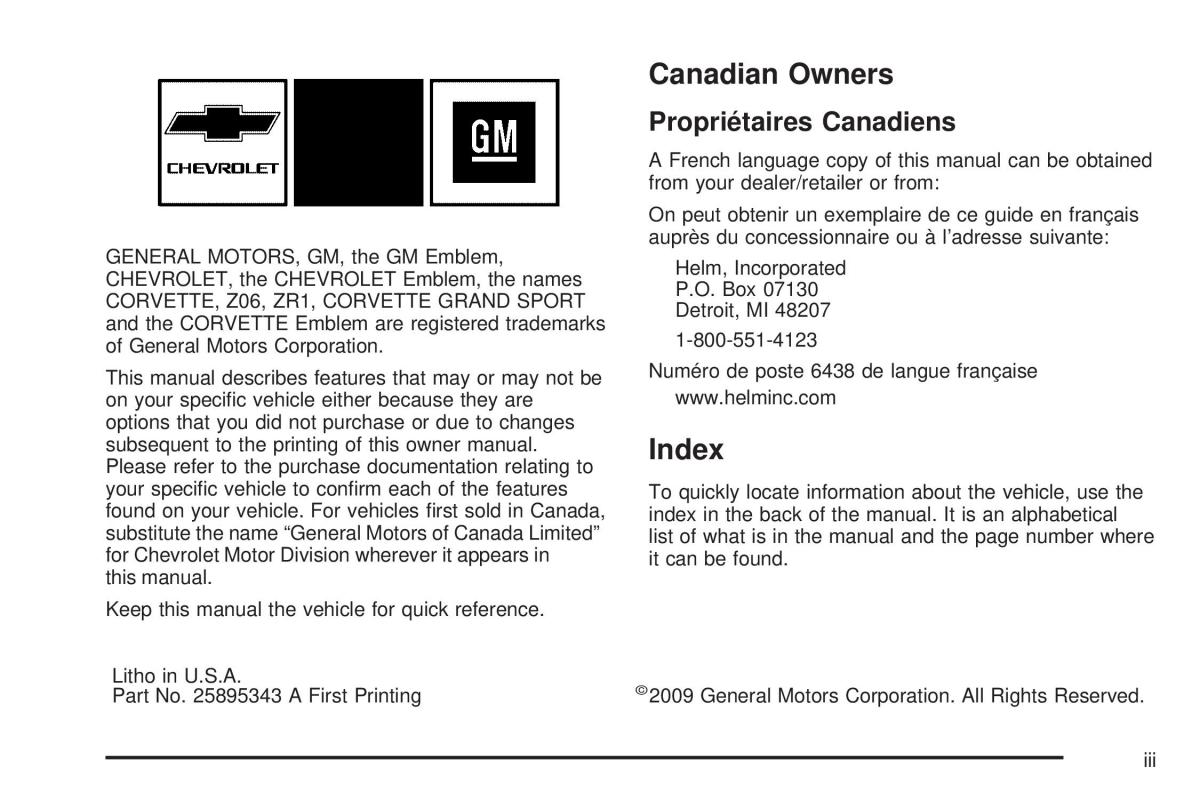 Chevrolet Corvette C6 owners manual / page 3