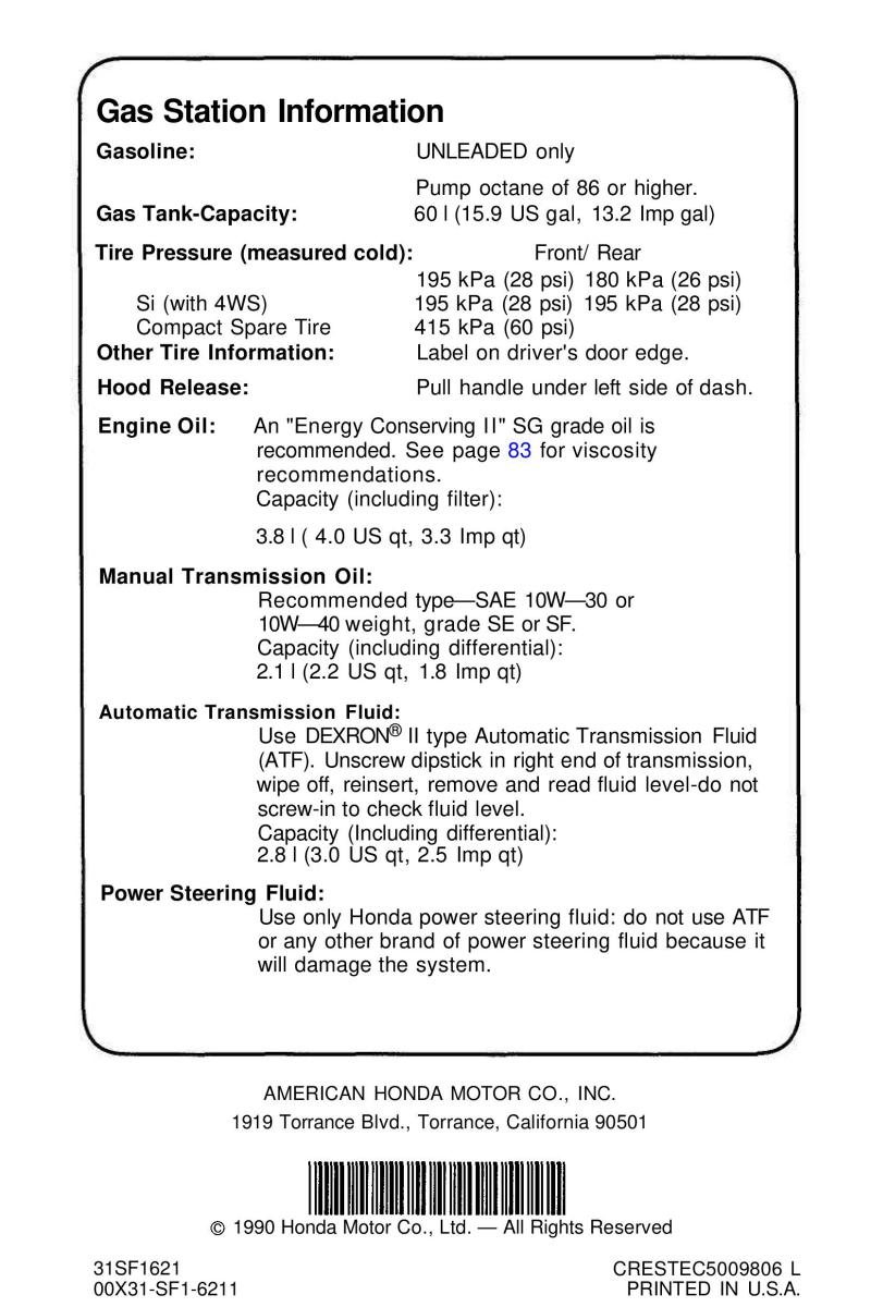 Honda Prelude III 3 owners manual / page 143