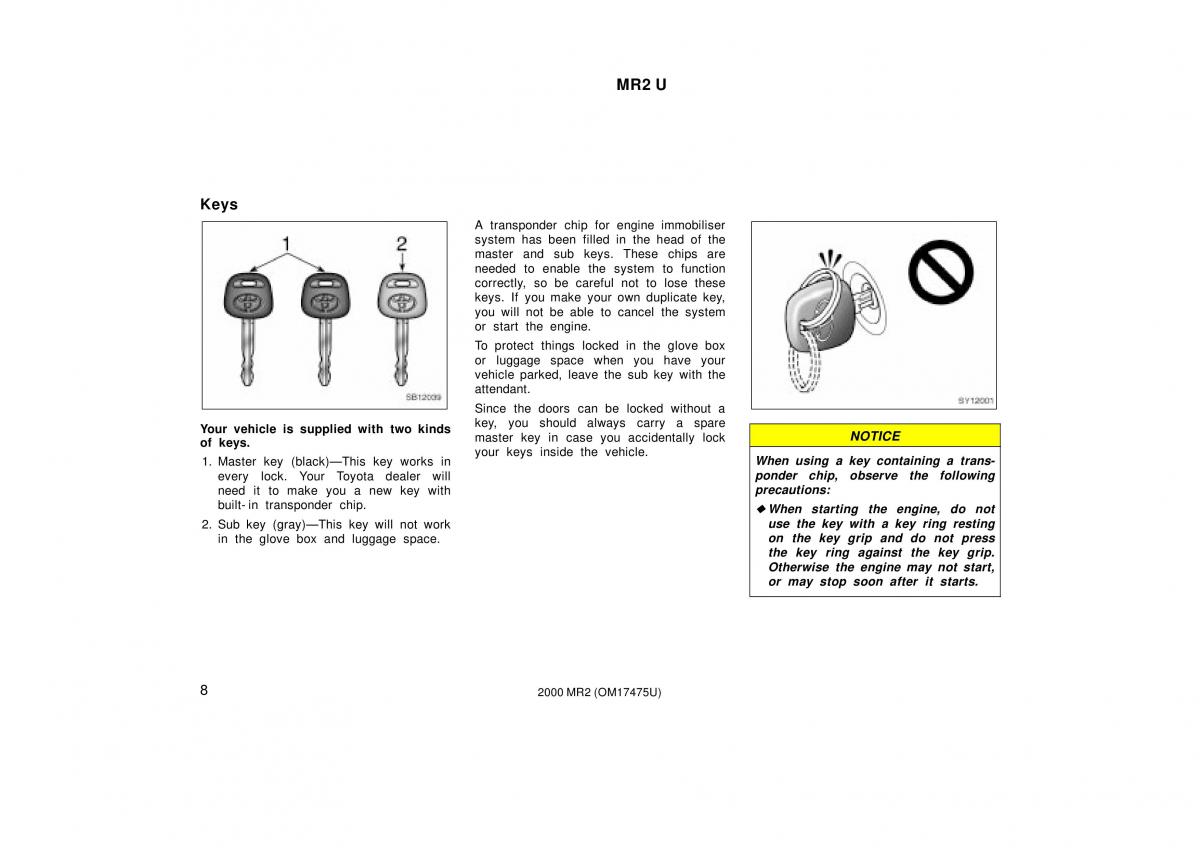 manual  Toyota MR2 Spyder MR S roadster owners manual / page 12