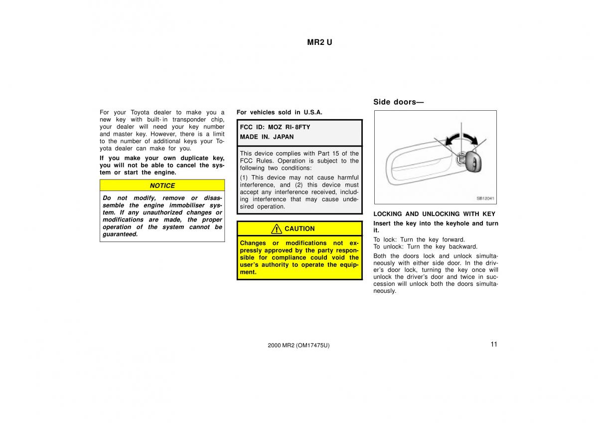 manual  Toyota MR2 Spyder MR S roadster owners manual / page 15