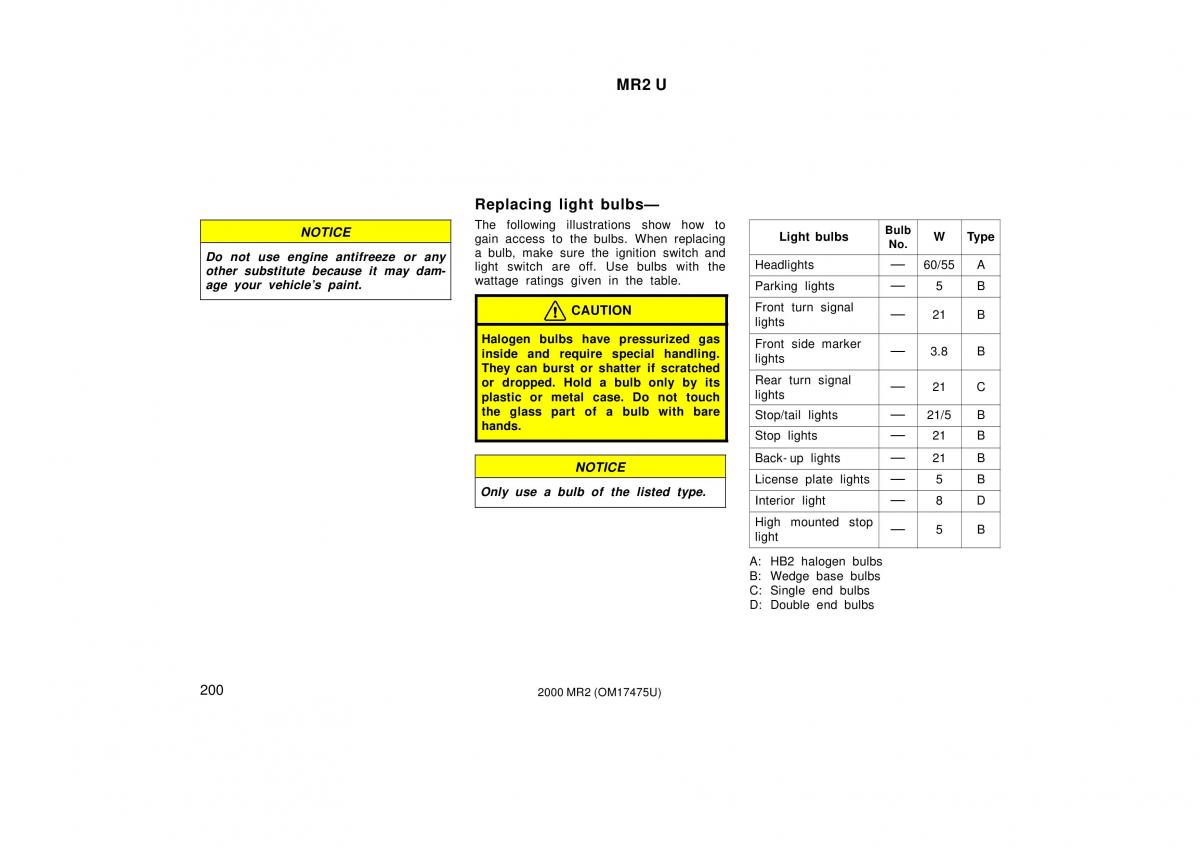 manual  Toyota MR2 Spyder MR S roadster owners manual / page 204