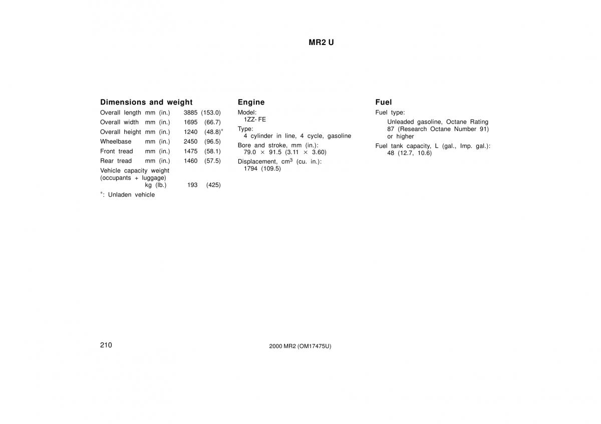 manual  Toyota MR2 Spyder MR S roadster owners manual / page 214