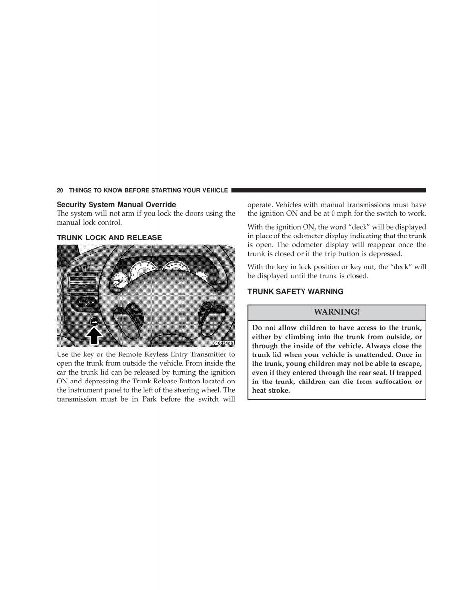 Chrysler Sebring JR27 Convertible owners manual / page 20