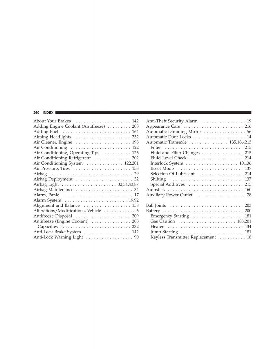 manual  Chrysler Sebring JR27 Convertible owners manual / page 260