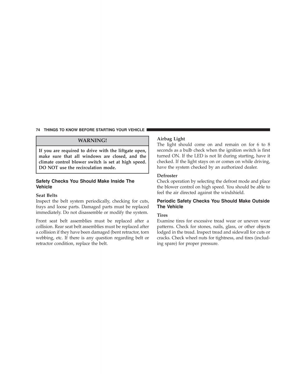 Chrysler Voyager Town and Country Plymouth Voyager owners manual / page 74