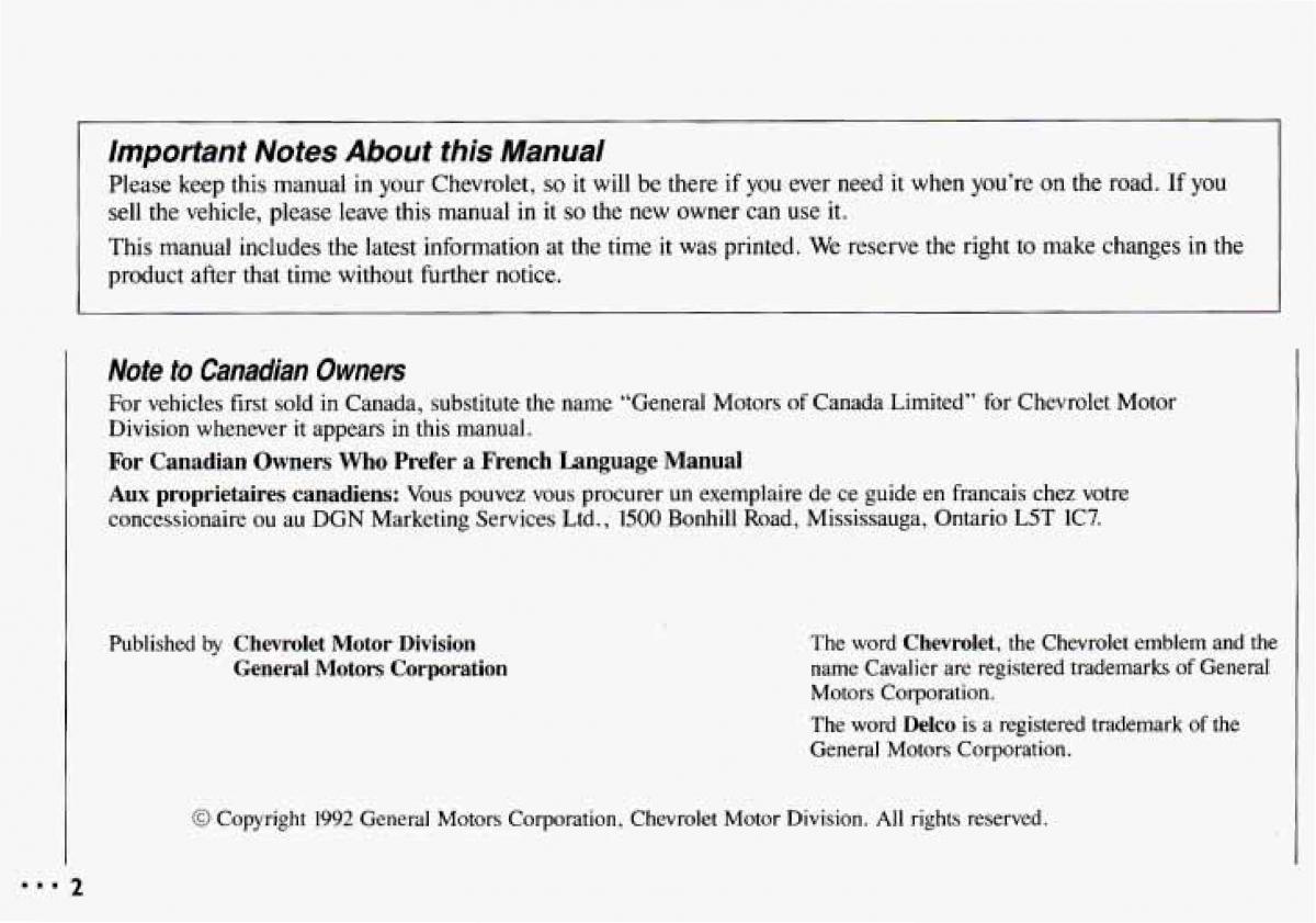 Chevrolet Cavalier II 2 owners manual / page 4