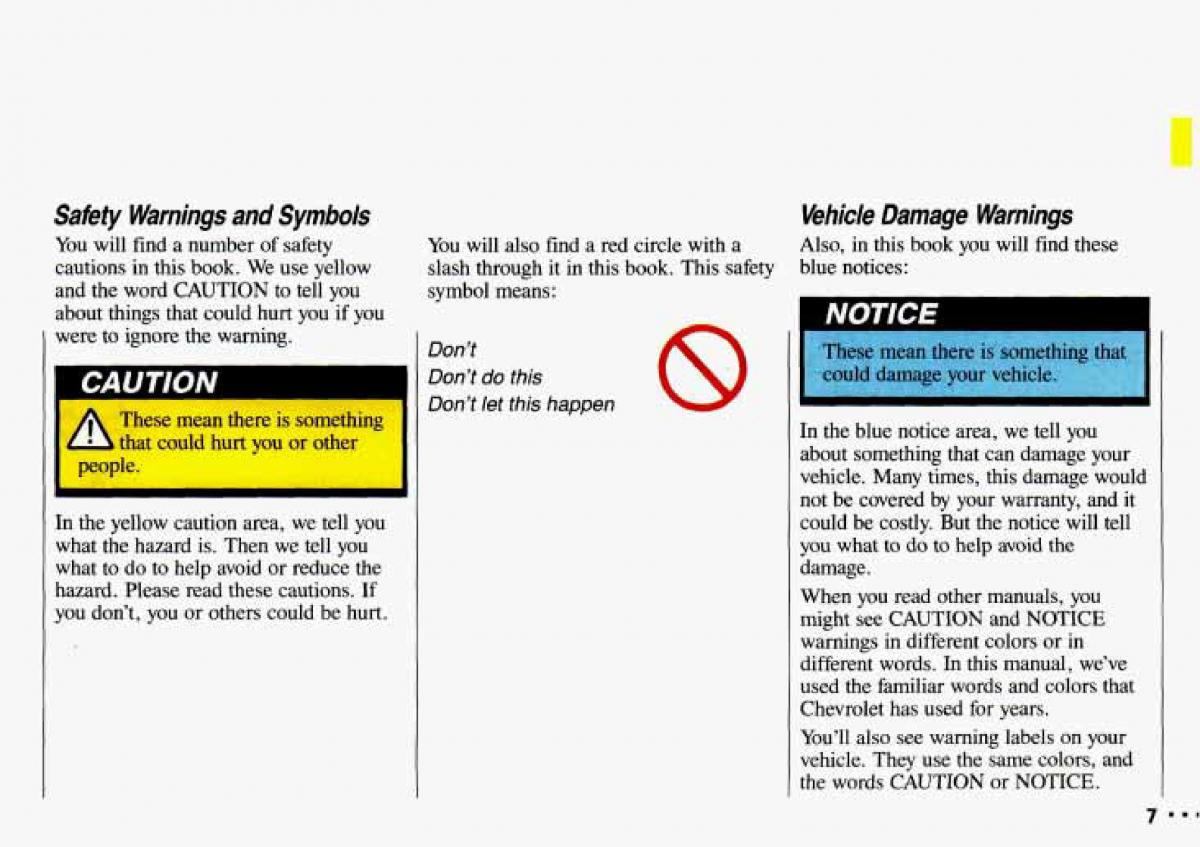 Chevrolet Cavalier II 2 owners manual / page 9