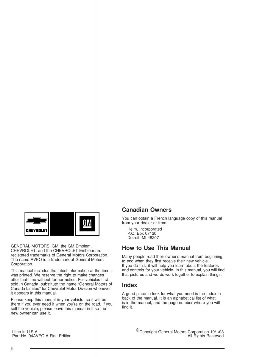 Chevrolet Aveo owners manual / page 2