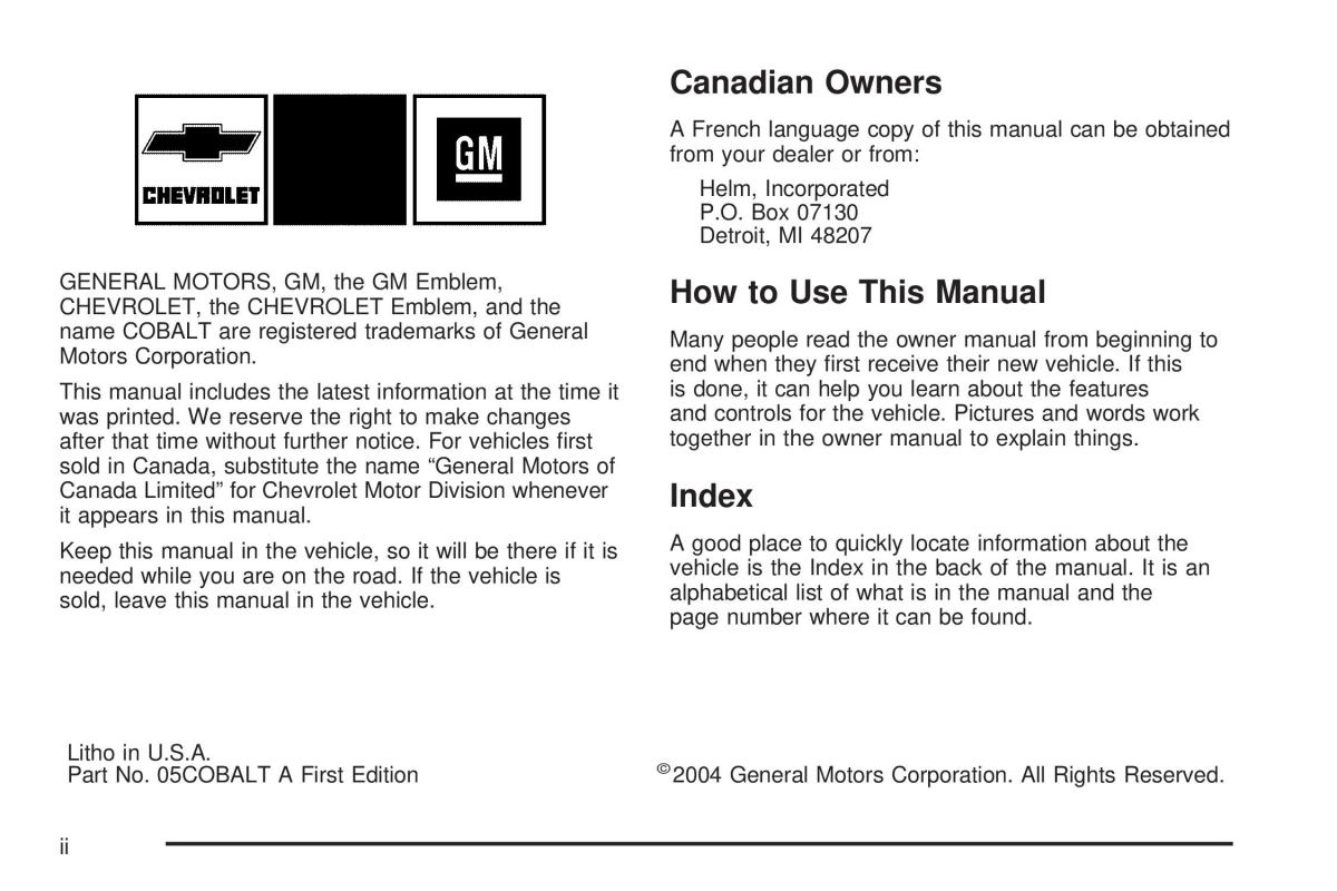 manual  Chevrolet Cobalt owners manual / page 2