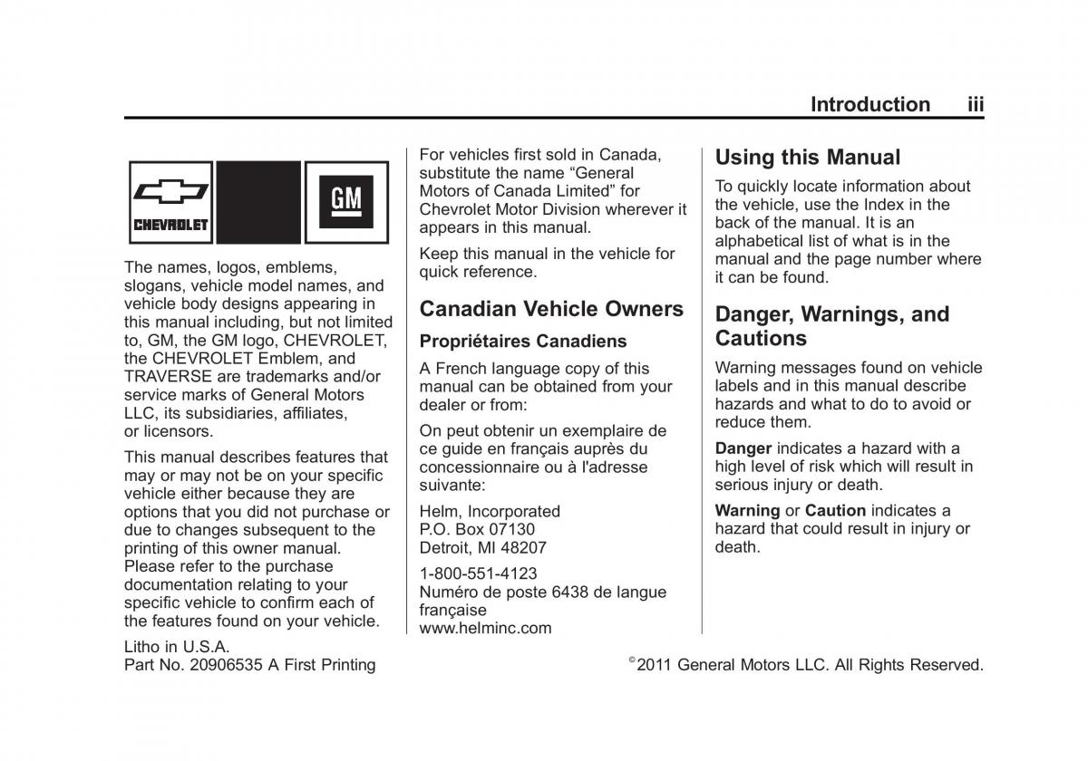 Chevrolet Traverse owners manual / page 3