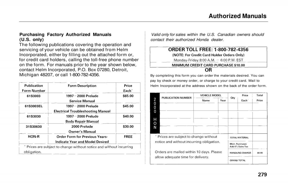 Honda Prelude V 5 owners manual / page 273