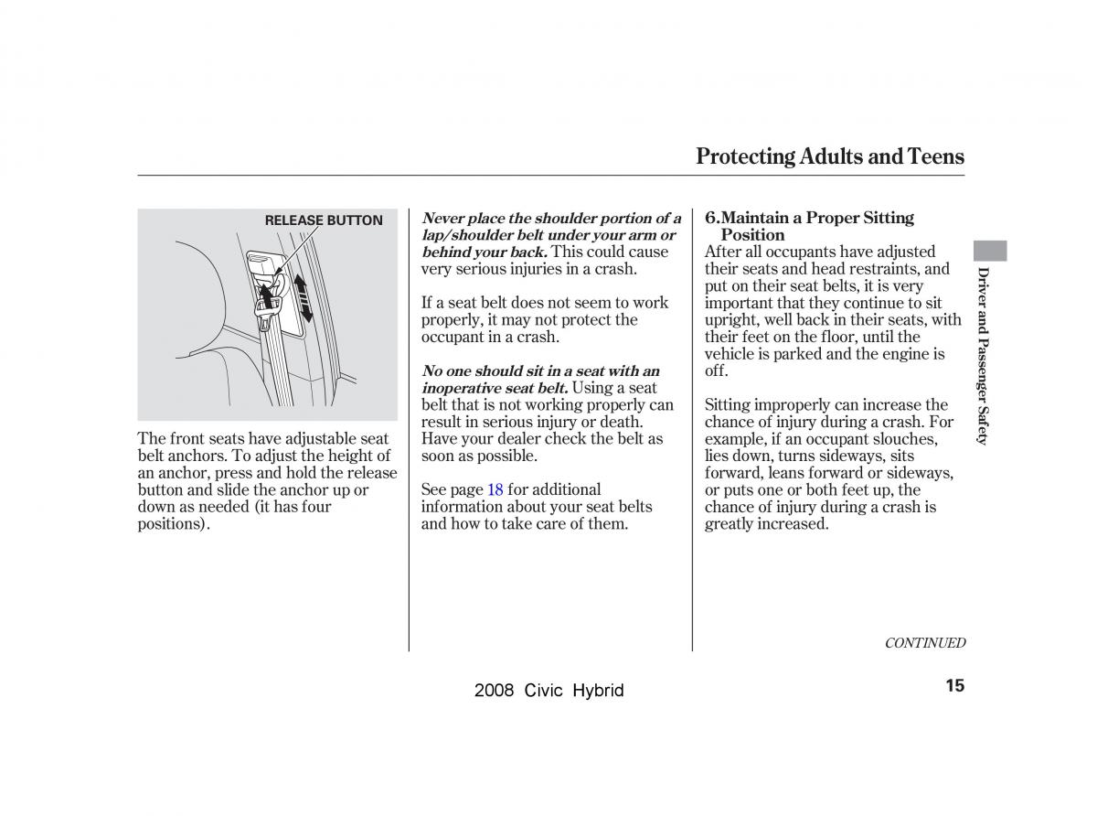 Honda Civic Hybrid VIII 8 owners manual / page 18