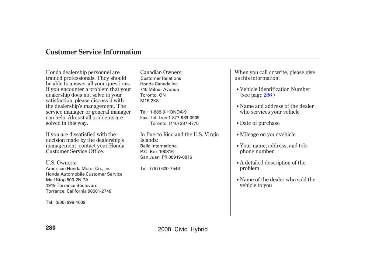 Honda Civic Hybrid VIII 8 owners manual / page 283