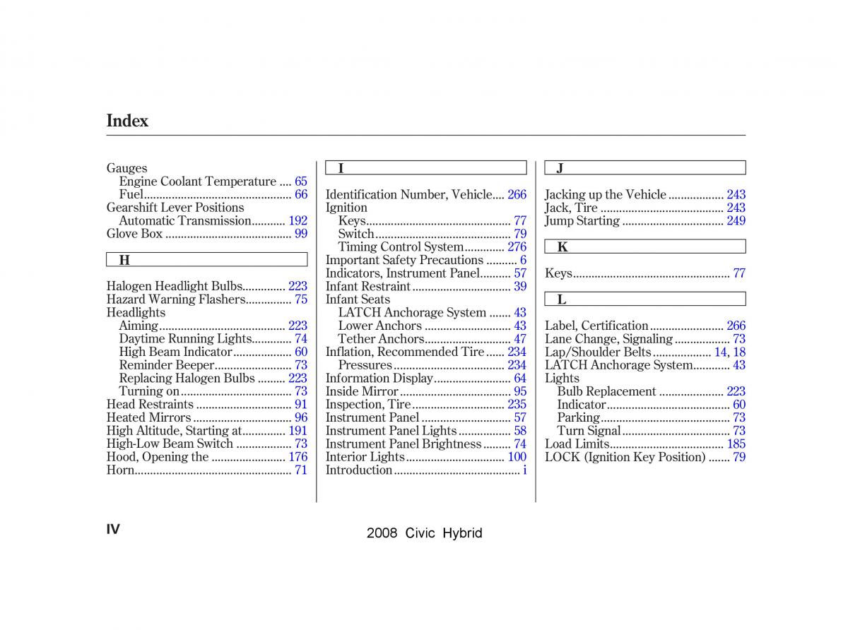 Honda Civic Hybrid VIII 8 owners manual / page 291