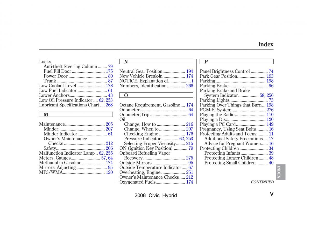 Honda Civic Hybrid VIII 8 owners manual / page 292