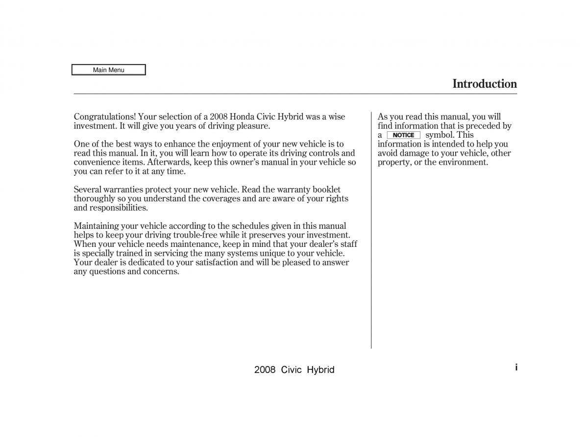 manual  Honda Civic Hybrid VIII 8 owners manual / page 1