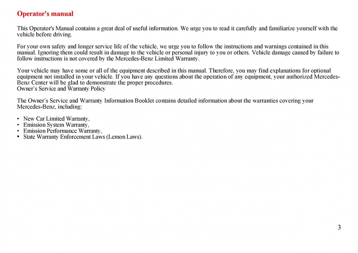 Mercedes Benz S W140 owners manual / page 3