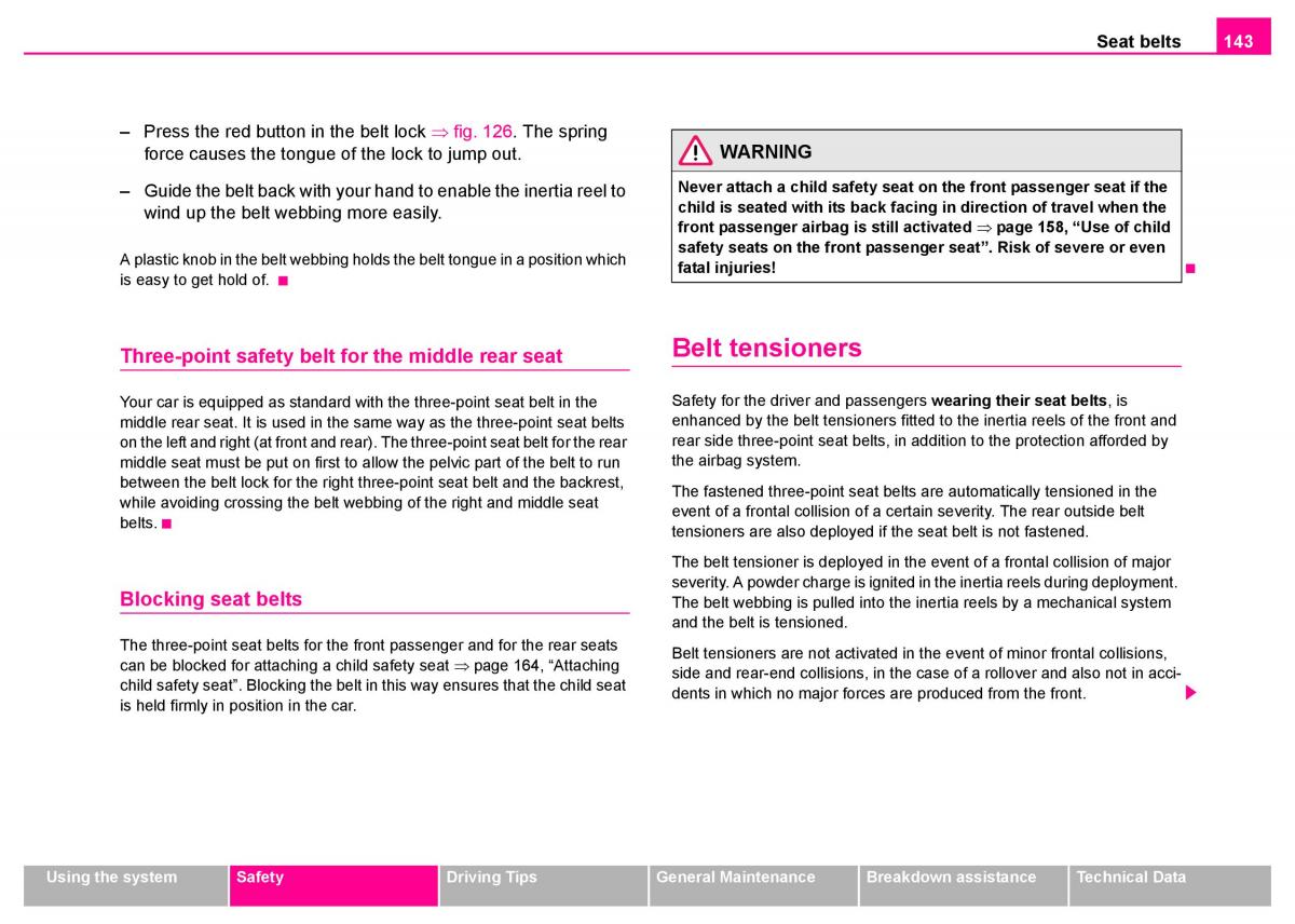 Skoda Superb I 1 owners manual / page 144