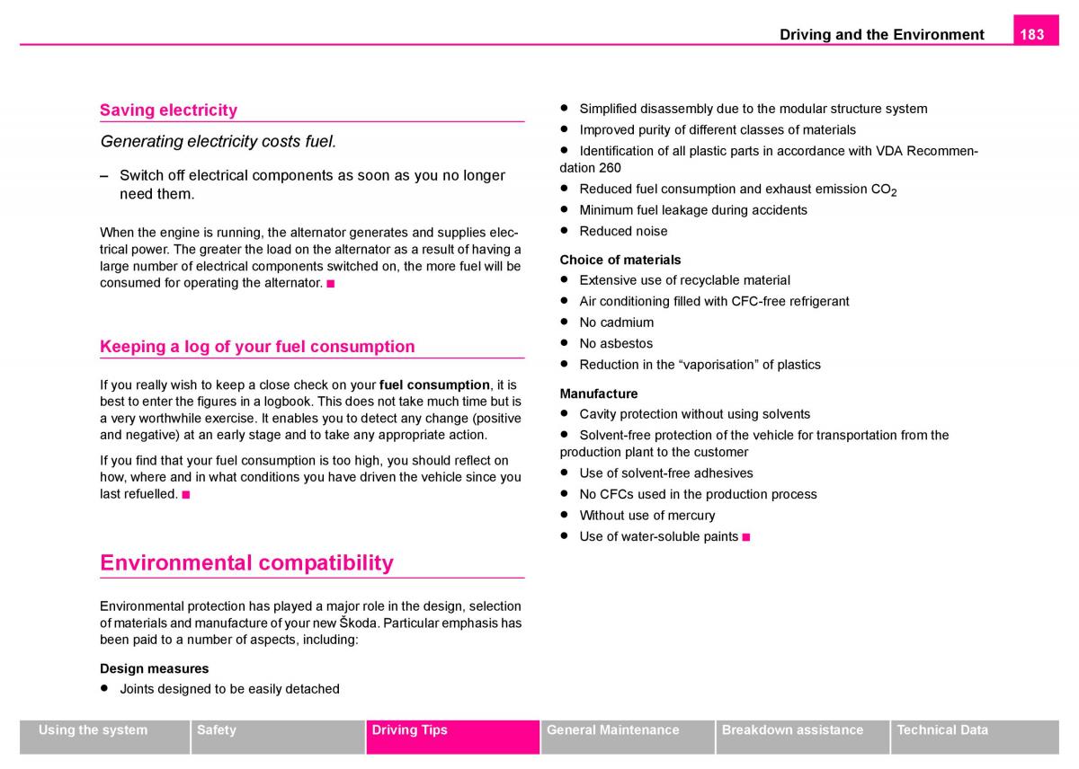 Skoda Superb I 1 owners manual / page 184