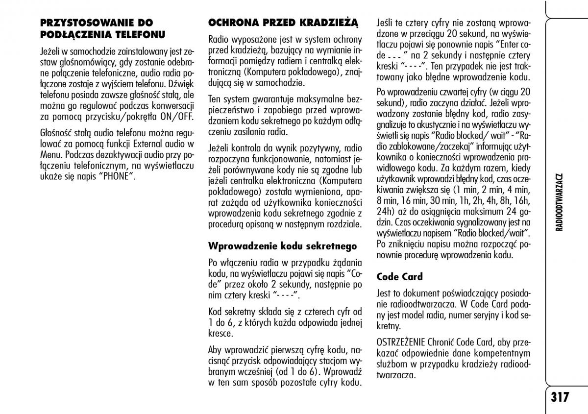 Alfa Romeo 159 instrukcja obslugi / page 319