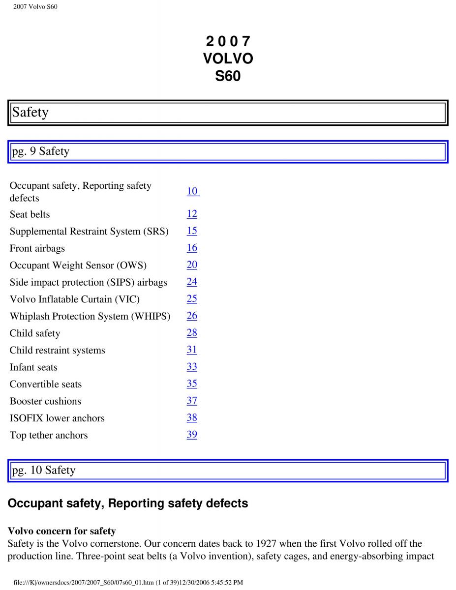 Volvo S60 owners manual / page 7