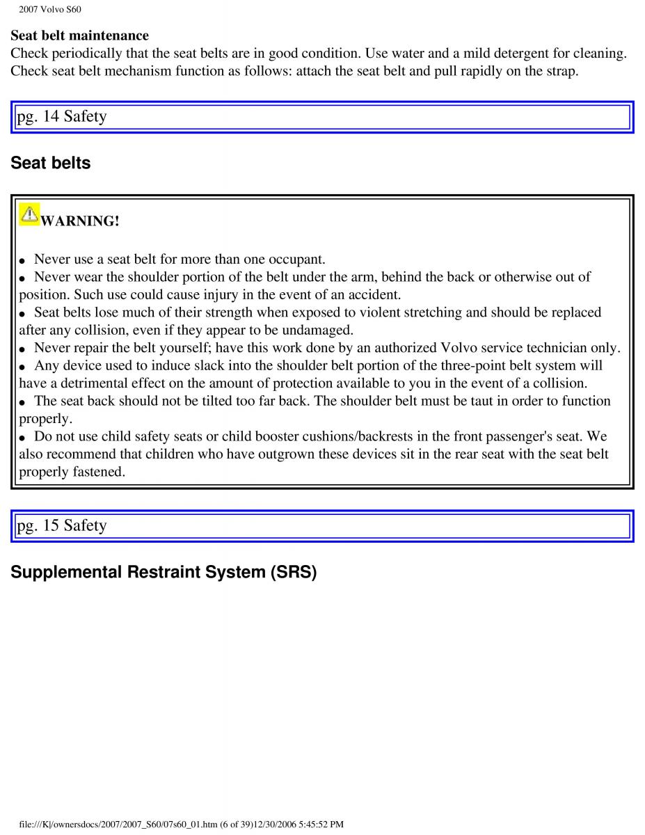 Volvo S60 owners manual / page 12