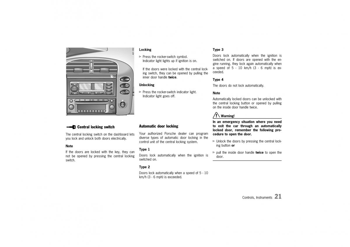 Porsche Boxster 986 owners manual / page 19