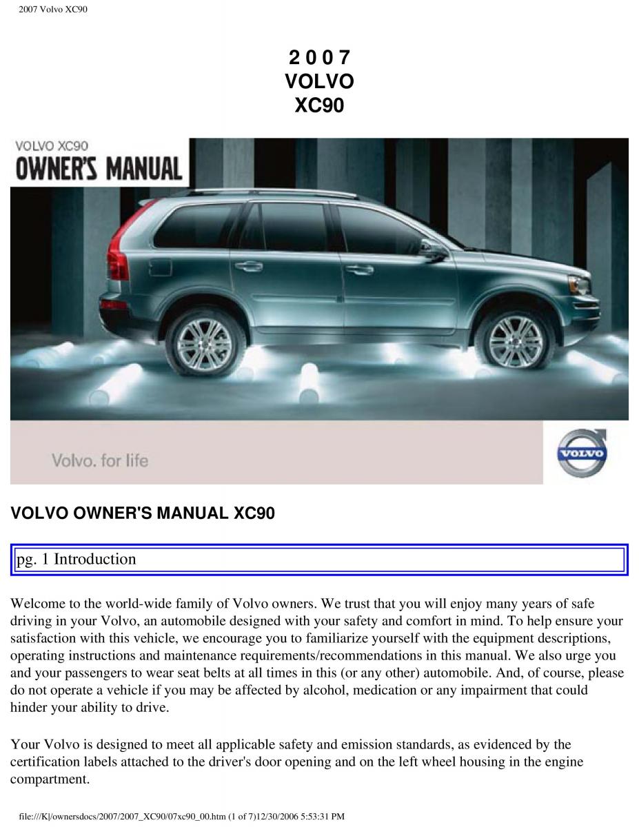 manual Volvo XC90 Volvo XC90 I 1 owners manual / page 1