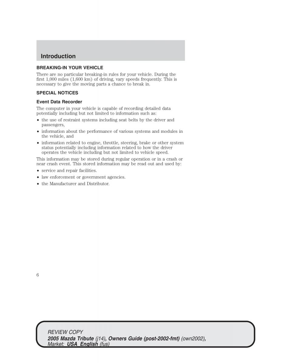 Mazda Tribute owners manual / page 6