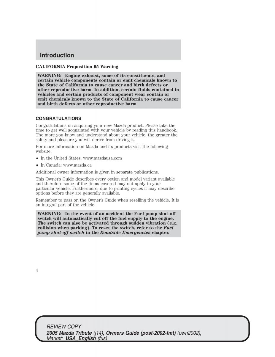Mazda Tribute owners manual / page 4