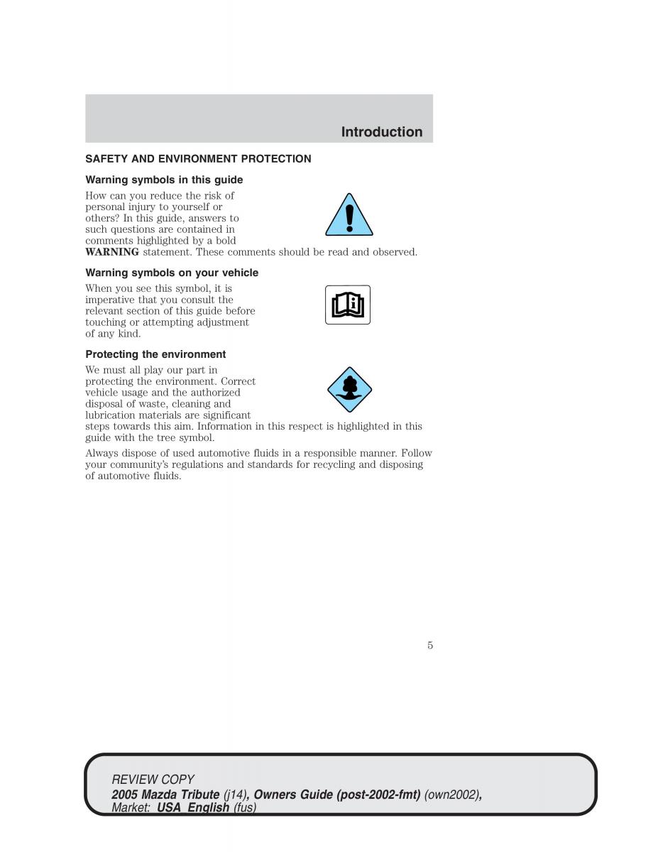 Mazda Tribute owners manual / page 5