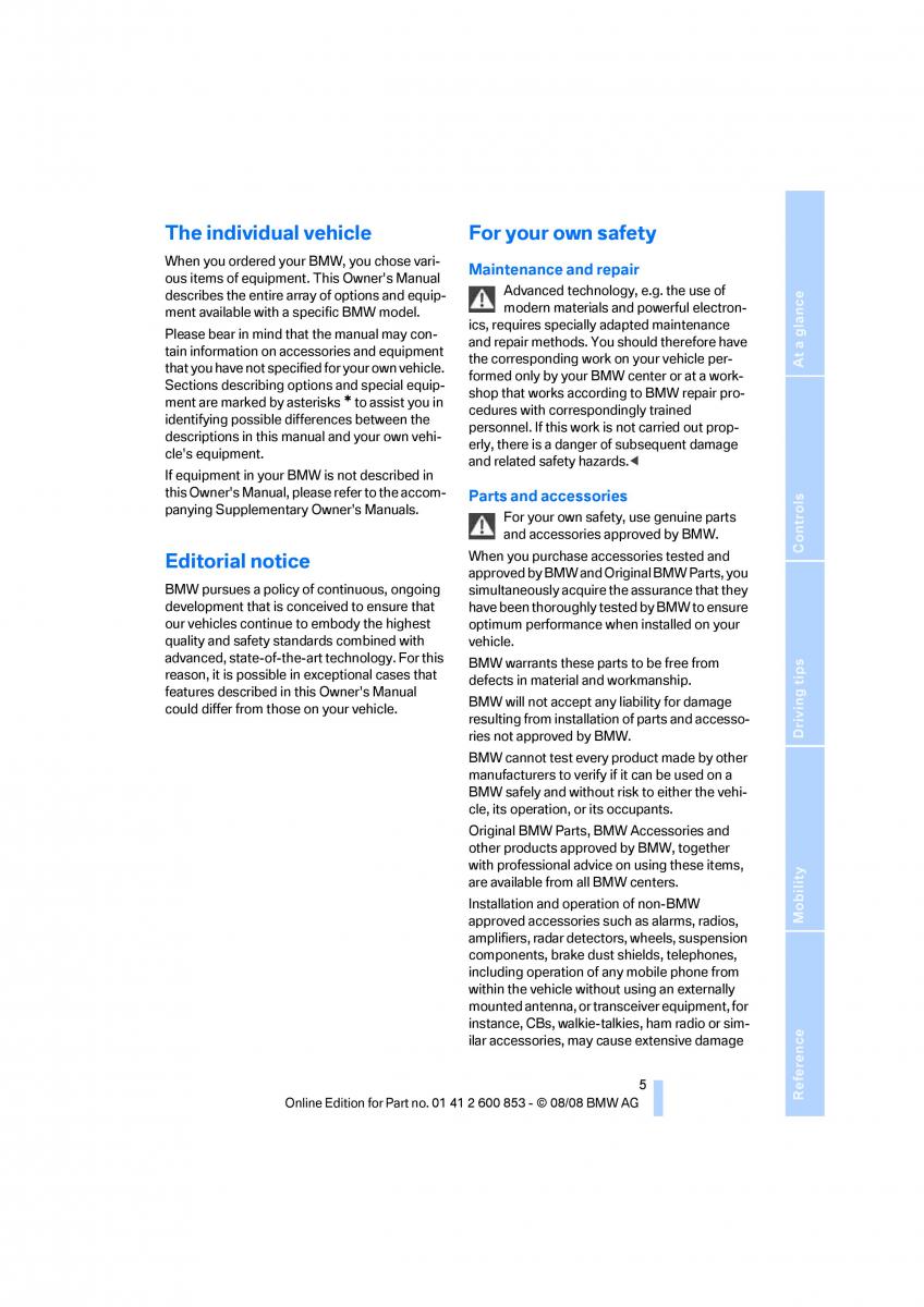 BMW 1 E87 convertible owners manual / page 7