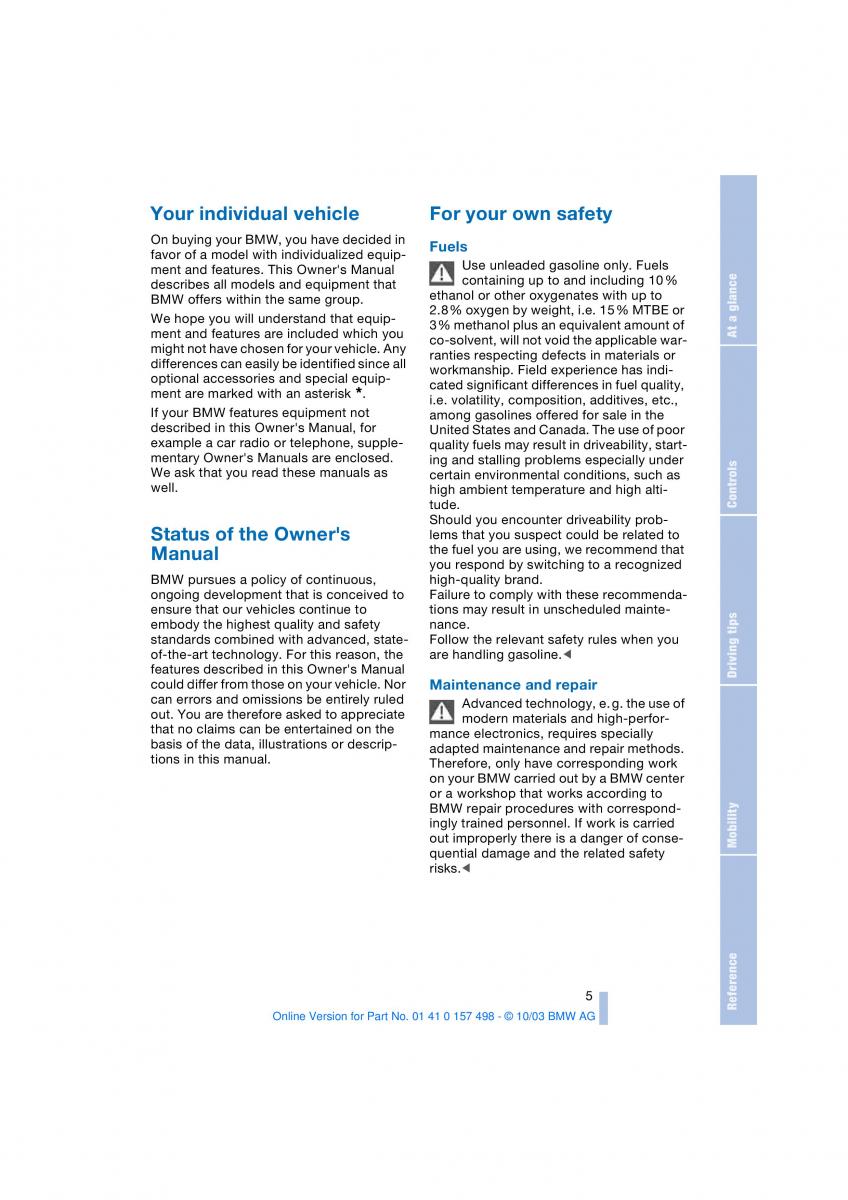 BMW Z4 E85 E86 owners manual / page 7