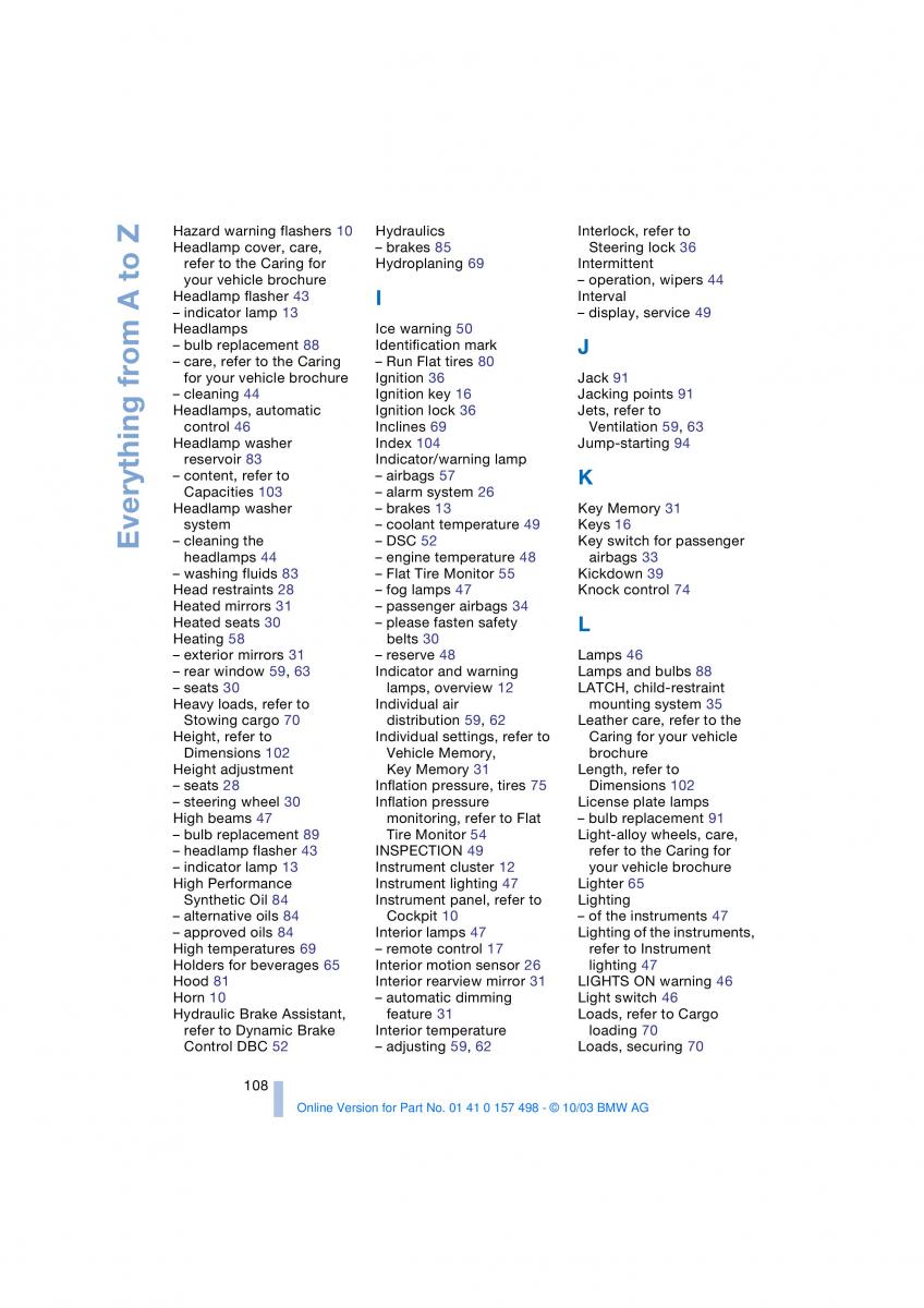 BMW Z4 E85 E86 owners manual / page 110