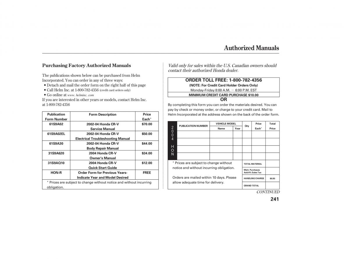 Honda CR V II 2 owners manual / page 246