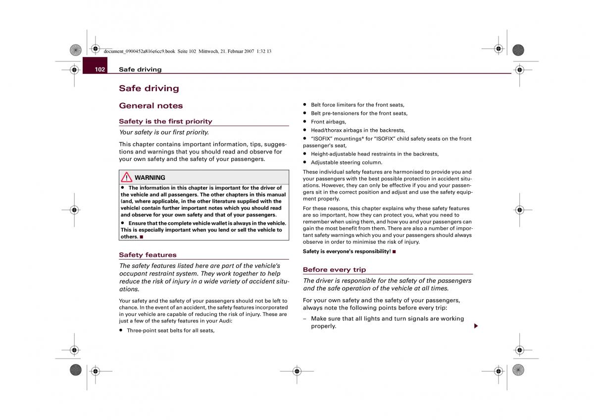 Audi R8 I 1 owners manual / page 104