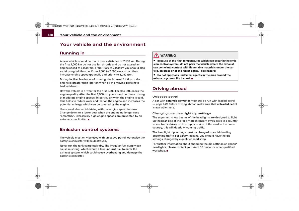 Audi R8 I 1 owners manual / page 140