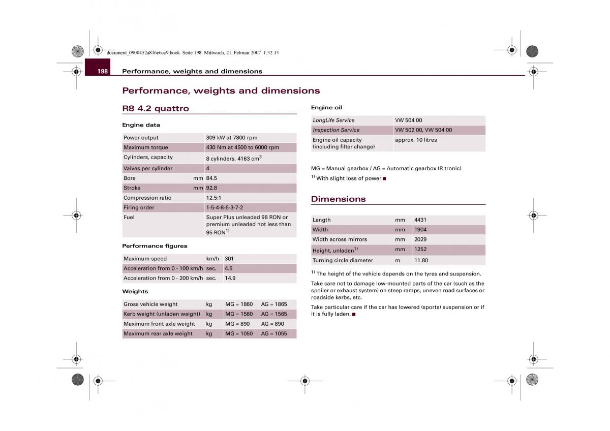 manual  Audi R8 I 1 owners manual / page 200